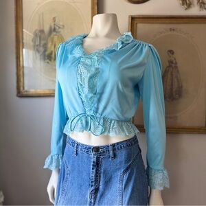 Vintage Blue Blouse with Lace and Tie Details